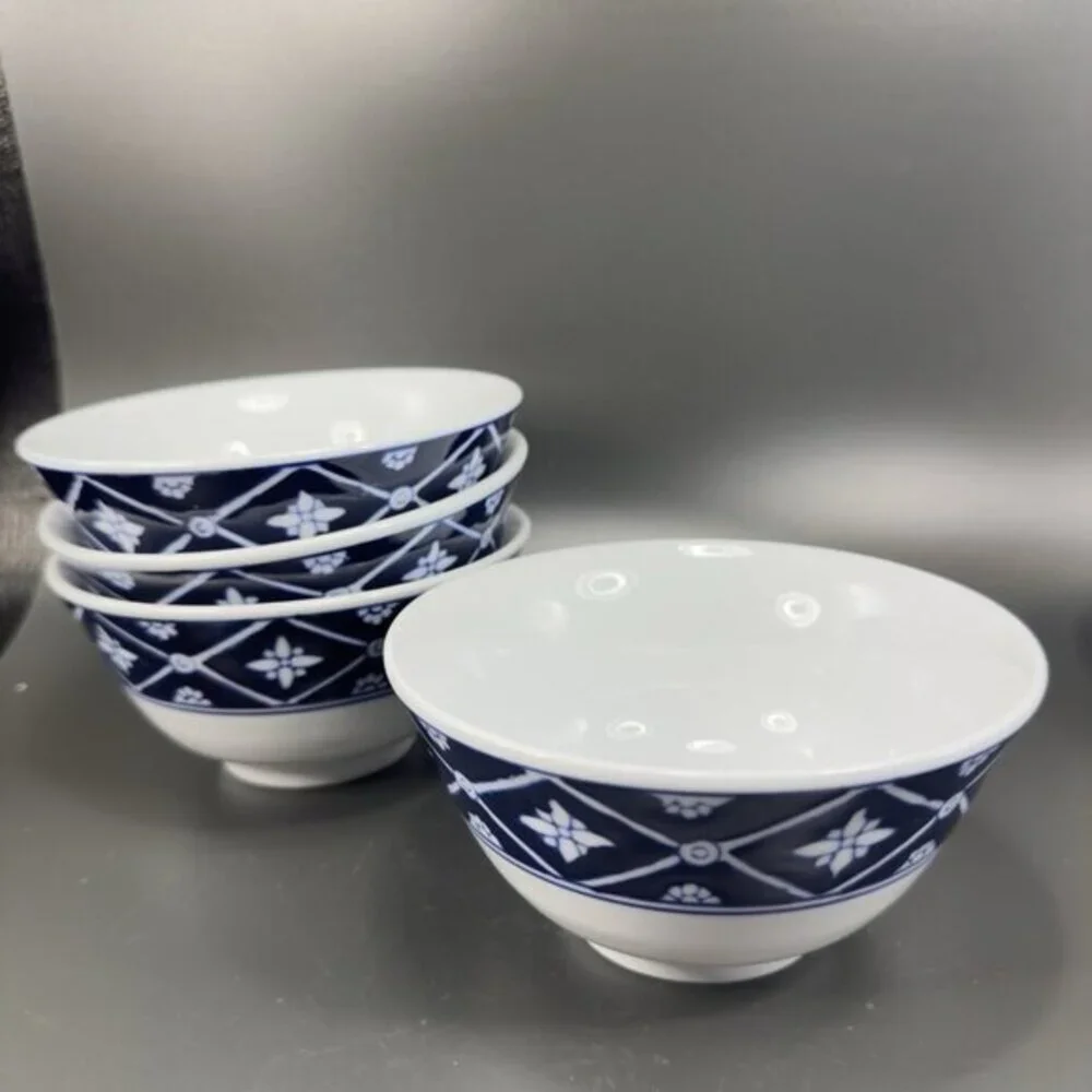 Pier 1 Porcelain Stoneware Deep Dish Bowl‎ Set 4 Blue White Floral Pattern 5inch